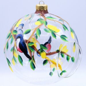 Lampion wiosenny z ręcznie malowanymi kolorowymi ptakami. Na stojaku. 15cm/1szt