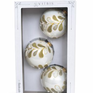 Zestaw białych bombek – złote zawijasy [10cm] 3szt.